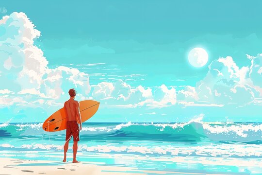 Back standpoint of a depiction depicting a surfer standing over a beach and holding a surfboard a lovely scene summer related and space, Generative AI.