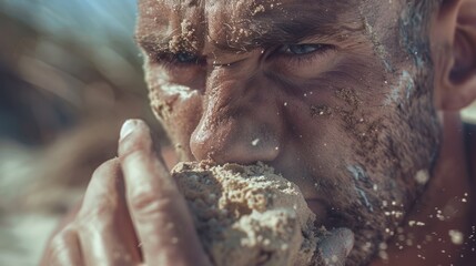 Close up of a cheating looking man eating a rock, sand in his mouth. 