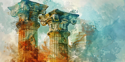 Pillar of Faith: The Ancient Pillar and Supportive Structure - Imagine an ancient pillar representing the strength and support provided by a deceased leader's teachings and example - obrazy, fototapety, plakaty