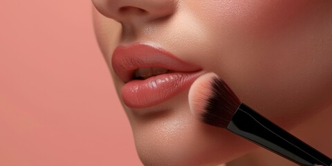 Close-up of a makeup brush applying product to woman's glossy lips.