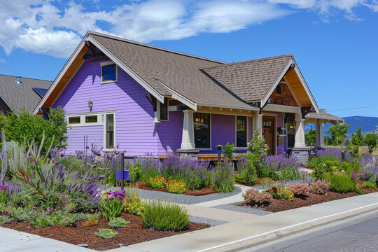 A newly constructed lavender purple craftsman cottage style home, showcasing a triple pitched roof, detailed landscaping, a neat sidewalk, and eye-catching curb appeal.