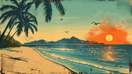 Keuken spatwand met foto Retro beach palm trees scene illustration poster background © jinzhen