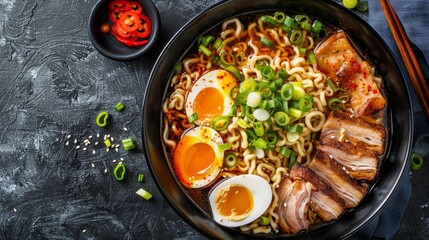 Exquisite top view of Ramen, noodles in a savory miso broth, adorned with sliced pork, soft eggs, and vibrant green onions, isolated background