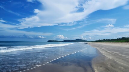 Fototapeta premium Beautiful sea view with waves, clear blue sky and beach sand