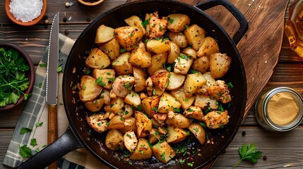 A skillet of diced potatoes and diced chicken tossed with fragrant herbs and spices, ready to be...