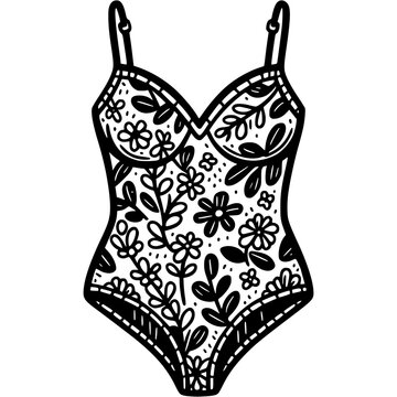 recommend clip art: Women floral swimwear in monochrome. Fashionable clothing for swimming and beach holidays. Simple minimalistic vector in black ink drawing on transparent background