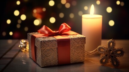 Gift box with ribbon and burning candle.AI generated image