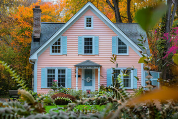 Fototapeta na wymiar A radiant peach blush house nestled in the heart of the suburban enclave, its pale blue siding standing out 