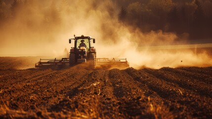 Farmer tilling the soil with disc harrow, dust rolling behind tractor 