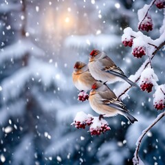 Beautiful winter scenery with European Finch birds perched on the branch within a heavy snowfall

