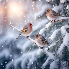 Beautiful winter scenery with European Finch birds perched on the branch within a heavy snowfall

