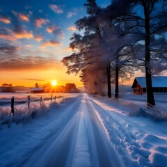Beautiful view of the sunrise in the morning on the country snowy road. Scenery landscape.