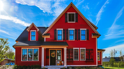 A radiant ruby red house with traditional windows and shutters stands tall on a spacious lot, offering a picturesque scene against the vibrant blue sky in the suburbs. - obrazy, fototapety, plakaty