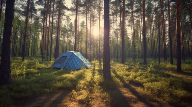 camping in a pine forest on a summer sunny Day.AI generated image