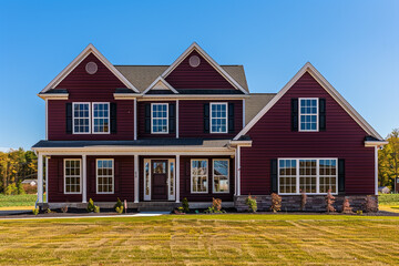 A rich burgundy house with siding, situated on a spacious lot in a suburban neighborhood, featuring traditional windows and shutters, under a clear blue sky.