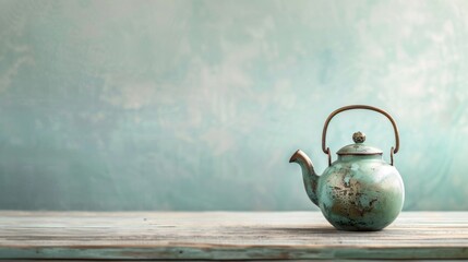 An antique turquoise teapot sits alone on a worn wooden table against a soft blue background.