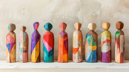 Artistic wooden figures painted in vibrant abstract patterns stand in a line on a wooden surface.