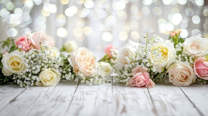 Lush roses in shades of pink and white arranged on a wooden surface with sparkling lights in the background.