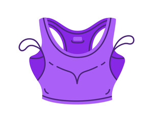 Crop tank top vector illustration. Purple bra for sports, fitness, running, yoga. Comfortable gym clothes, front view. For women, girls. Garment with straps. Hand drawn simple doodle isolated on white
