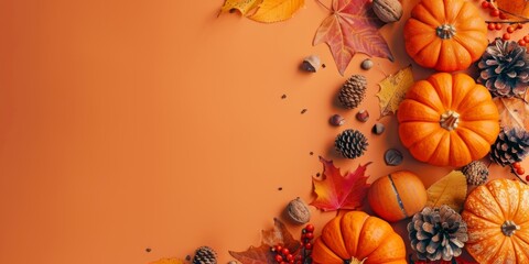 Vibrant autumn border arrangement with pumpkins, pine cones, and leaves on an orange background.