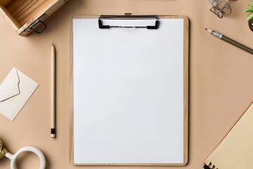 Over a beige table, a clipboard tablet pad with blank paper sheets and an office desk consisting of stationery alongside various tools and space, Generative AI.