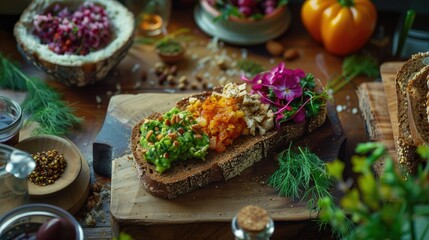 A cozy brown bread spread adorned with a vibrant array of Ceres toppings