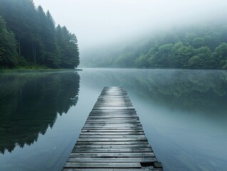 Lake Reflections - Calm - Morning Mist - A wooden dock stretching into a serene lake, reflecting...