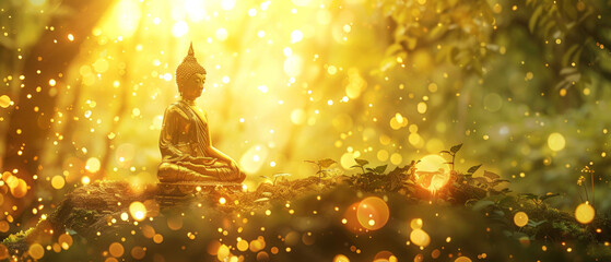 Golden vintage antique Buddha statue in the park with golden bokeh background