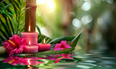 Three burning cosmetic pink candles on a bamboo stand, tropical flowers and leaves reflected in the water, sun bokeh, relaxation spa background