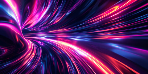 Futuristic tunnel made of glowing neon purple and violet lines. Abstract motion background fast shutter speed in purple and blue