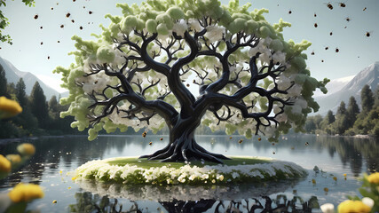 A 4K HD shot of a highly detailed beautiful organic Tree of Life, sharp focus, dynamic lighting,...