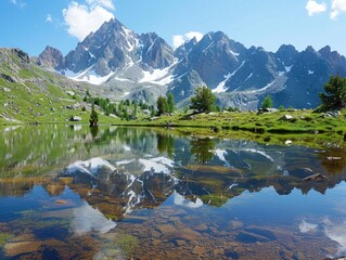 Mountain Reflection - Majesty - Alpine Mirror - A pristine mountain lake reflecting the rugged beauty of surrounding peaks, creating a stunning mirror-like image of nature's grandeur
