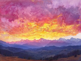 Mountain Sunrise - Majesty - Dawn Splendor - A breathtaking sunrise painting the sky with hues of pink and gold, casting a warm glow over the rugged peaks of a mountain range