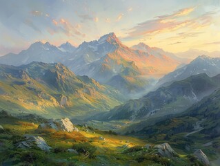 Mountain Sunset - Tranquility - Dusk Calm - A tranquil mountain scene bathed in the warm glow of a sunset, with shadows lengthening over rugged peaks and valleys