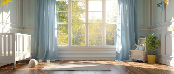 Nice baby room with hardwood floor and window. --ar 7:3 --v 6.0 - Image #1 @kashif320
