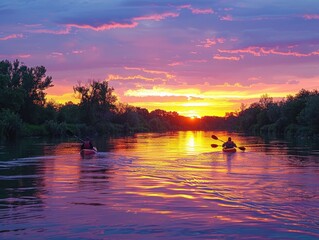 River Rhapsody - Flowing - Sunset Glow - Kayakers paddling downstream against a backdrop of colorful skies
