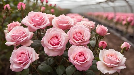 Production of pink roses in a field beneath a greenhouse