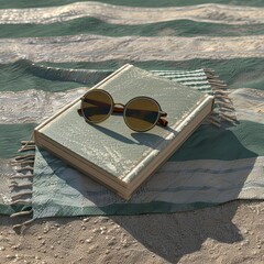 Book and sunglasses on a beach towel - obrazy, fototapety, plakaty