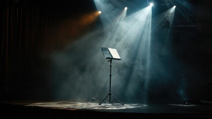 A music stand, bathed in spotlight, waiting for the performance, - obrazy, fototapety, plakaty