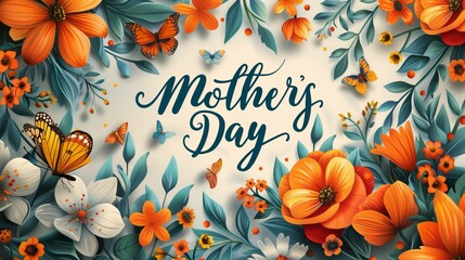 Mother's Day floral greeting card design with butterflies. Spring flowers and celebration concept with "Mother's Day" calligraphy.