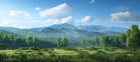 Clear sky by mountain and extensive tree forest 