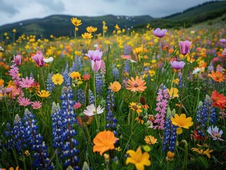 Spring Meadow - Growth - Wildflower Carpet - A vibrant spring meadow carpeted with a riot of colorful wildflowers, signaling the arrival of new growth and vitality - obrazy, fototapety, plakaty