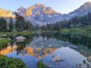 Summit Solace - Peace - Sunrise Serenity - A tranquil mountain lake reflecting the first light of dawn
