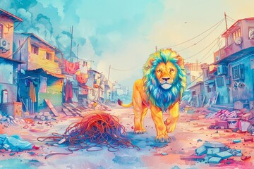 A smoggy cityscape, a lion strides past a pile of discarded copper wires