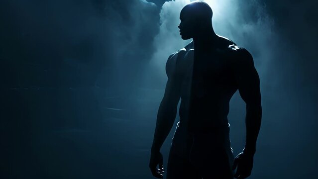 The soft glow of moonlight casts a silhouette on the figure of a black man his muscular frame highlighted by the fabric of his shirt. With a mysterious gaze and a powerful stance he .