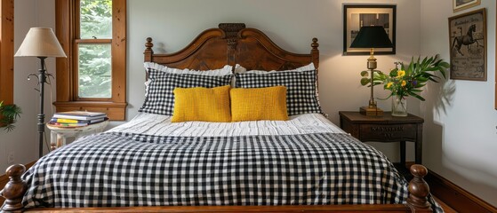 Small guest room with an intricate wood bed and black and white gingham comforter, yellow pillows, a light and a nightstand --ar 7:3 --v 6.0 - Image #4 @kashif320