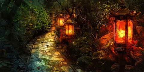 Path to Enlightenment: The Winding Path and Illuminated Lanterns - Imagine a winding path with lanterns lighting the way, symbolizing the path to enlightenment inspired by a deceased leader - obrazy, fototapety, plakaty