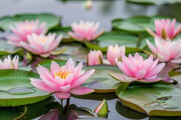 pink lotus lilies flowers in pond over water 