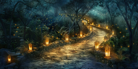 Path to Enlightenment: The Winding Path and Illuminated Lanterns - Imagine a winding path with lanterns lighting the way, symbolizing the path to enlightenment inspired by a deceased leader - obrazy, fototapety, plakaty