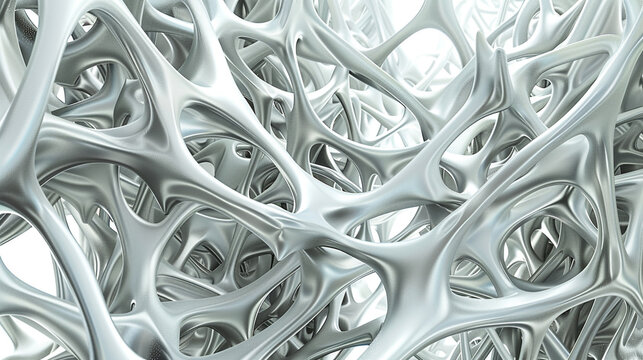 A complex network of intertwined fibers in a 3D abstract form, with a deep focus on the interplay between shadow and light in silver and gray.